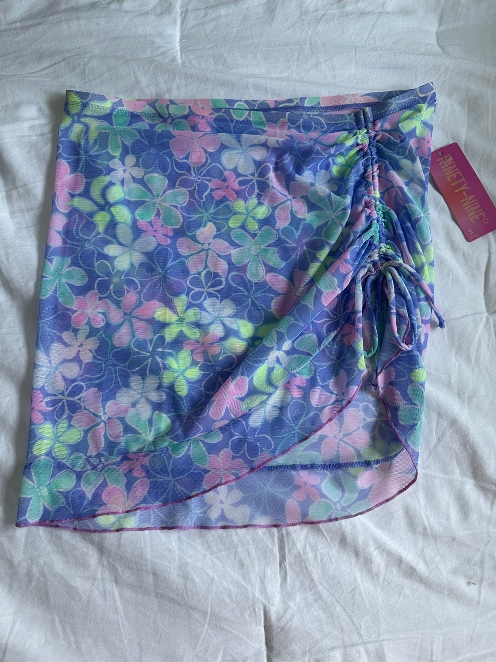 NWT Lavender Floral Ruched Swim Skirt Sarong with Pastel Accents Aloha Bliss